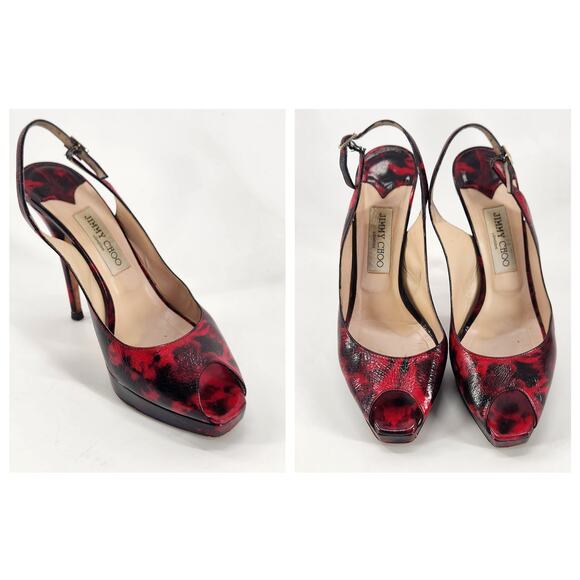 Jimmy Choo Clu Platform Heel EU 39 US 8.5 Red Patent Leather Slingback Stilettos - Picture 1 of 13